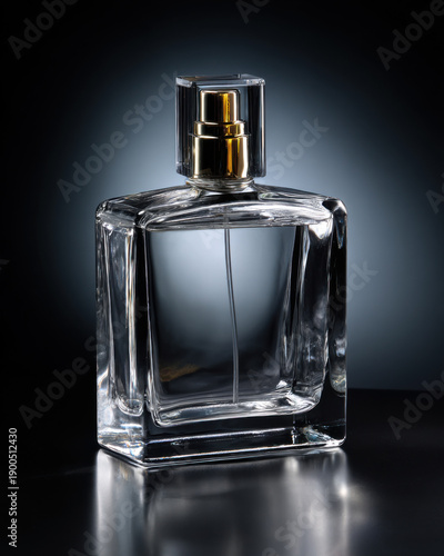 Glass perfume bottle product shot on black background