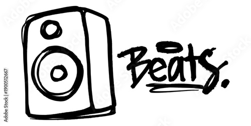 Speaker icon with "BEATS" graffiti lettering. Urban street art style hand drawn illustration for audio branding, music posters, and trendy streetwear design.