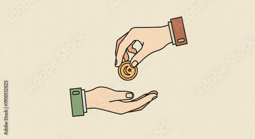 Two hands exchanging a coin symbolizing giving and receiving money