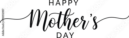 Elegant black and white calligraphic script text design reading "Happy Mother's Day" isolated on a clean white background for celebration.