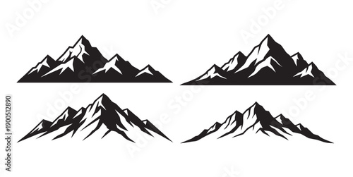 Black mountain silhouette set with high peaks and ridges for nature landscape art
