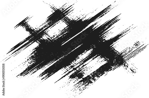 Abstract Grey Brush Stroke Texture Featuring Splatter Marks, Rough Grunge Effect and Black Ink Brush Details on White Background.