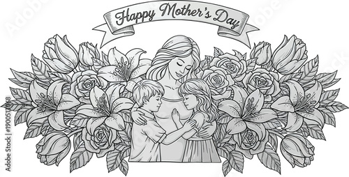 Happy Mother's Day vintage engraving illustration featuring a mother embracing her son and daughter surrounded by a beautiful floral arrangement.