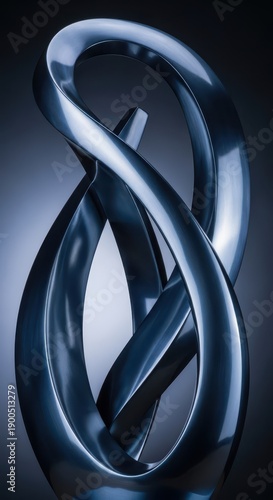 Smooth, highly polished, dark metallic sculpture features intertwined, flowing abstract forms.