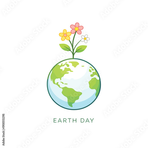 Wildflower growing from Earth globe as a symbol of nature, Eco Earth Globe with Flower Growth – Sustainable Environment Flat Vector Illustration, 
growth and environmental care. Flat vector