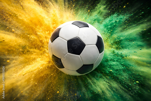 Soccer ball in yellow and green powder explosion abstract