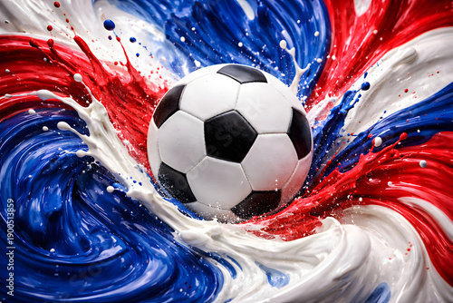 Tricolor blue white red liquid paint splash with soccer ball