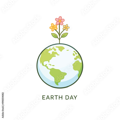 Wildflower growing from Earth globe as a symbol of nature, Eco Earth Globe with Flower Growth – Sustainable Environment Flat Vector Illustration, 
growth and environmental care. Flat vector