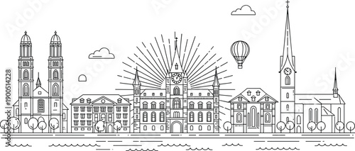 European city skyline line art, historic architecture outline, cathedral towers, town hall clock, old buildings, travel illustration, urban panorama vector