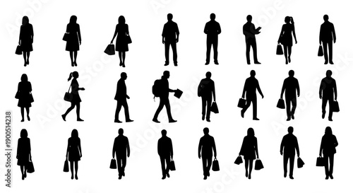Silhouettes of people related to the theme of shopping. Vector illustration. Transparent background SVG version.