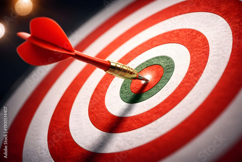 Dart hitting the center of bullseye target close up