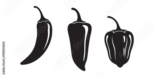 three black chili pepper silhouette icons isolated on white background
