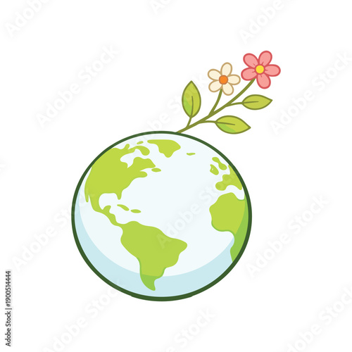 Wildflower growing from Earth globe as a symbol of nature, Eco Earth Globe with Flower Growth – Sustainable Environment Flat Vector Illustration, 
growth and environmental care. Flat vector