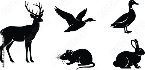 Animal silhouette icon set, deer duck mouse and rabbit figures, black vector illustration, wildlife and biology theme, isolated on white background