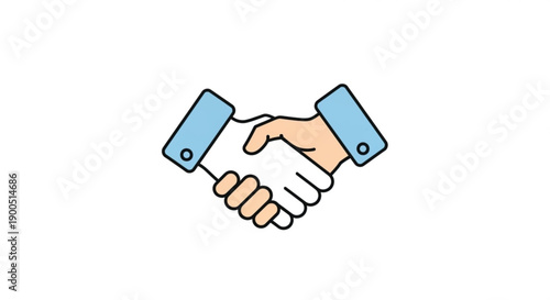 Two hands shaking in a firm business agreement with blue cuffs on a white background