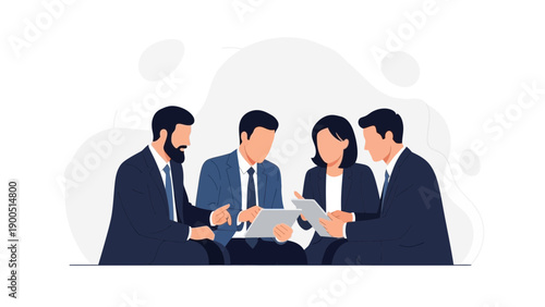 Diverse business team collaborating on project, discussing strategy on digital tablet