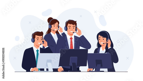 Diverse Customer Service Team Working in Call Center with Headsets