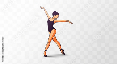 Woman in black leotard and heels dancing isolated on transparent background with grey shadow