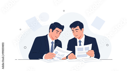 Two businessmen in suits discussing documents and reports at a desk.
