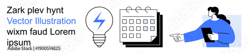 Innovation, scheduling, technology, business planning, digital tools, communication. Features a light bulb with a bolt, a calendar and a person holding a tablet. Innovation and scheduling concepts