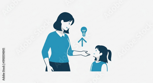 Woman encouraging young girl with idea lightbulb concept