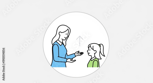 Woman offering a bowl to a young girl with an upward arrow symbolizing sharing or giving