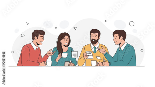 Diverse team brainstorming and discussing ideas over coffee