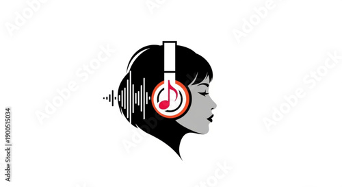 Woman wearing headphones with musical sound wave and note symbol on white background representing music and audio concept