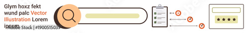 Digital marketing, SEO strategies, web design, data analytics, internet reviews, user experience. A search bar, results on a clipboard and rating system. Digital marketing and SEO strategies