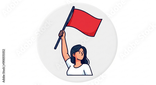 Woman holding red flag up in air symbolizing freedom protest or celebration with determined expression on her face