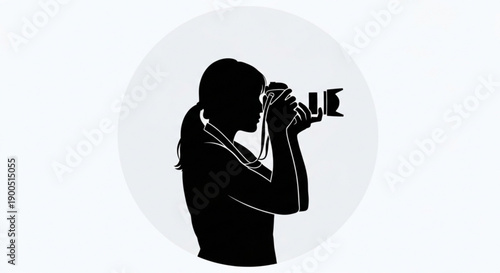Silhouette of woman taking photo with camera in front of light gray circle background