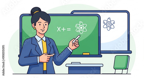 Female teacher explaining math on a green chalkboard in a classroom with a whiteboard