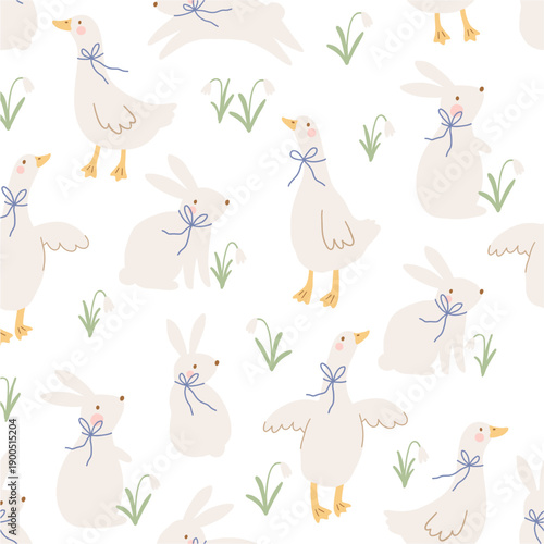 Wallpaper Mural Spring cartoon seamless pattern with cute bunny. Happy Easter print in flat style and pastel colors Torontodigital.ca