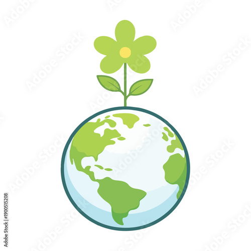 Wildflower growing from Earth globe as a symbol of nature, Eco Earth Globe with Flower Growth – Sustainable Environment Flat Vector Illustration, 
growth and environmental care. Flat vector
