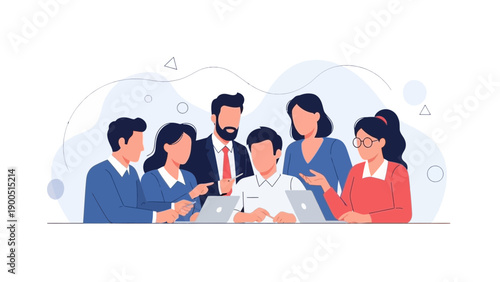 Diverse team collaborating on laptops in modern office setting