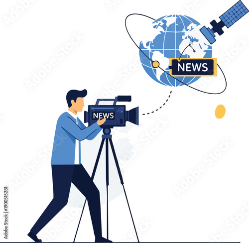 A man operating a news camera with a globe and satellite broadcasting news in the background. Perfect for World Press Freedom Day, journalism, and news reporting materials.