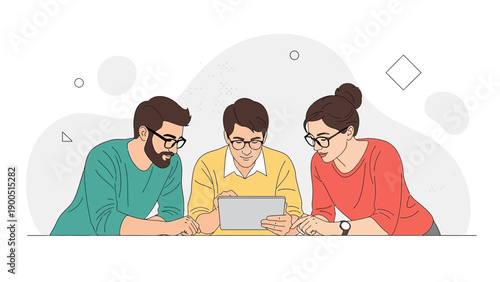 Diverse team collaborating on a digital tablet, modern illustration