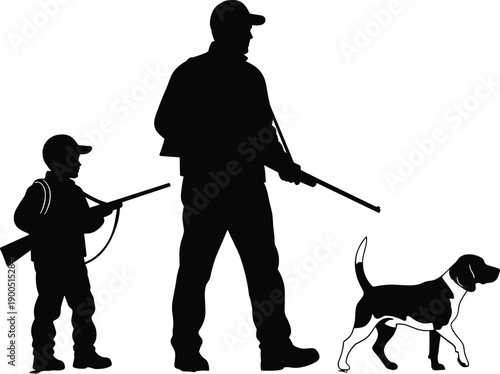 Father and son hunters with dog silhouettes walking with rifles outdoor hunting tradition vector illustration isolated on white