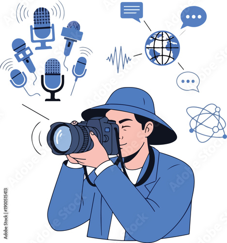 A man in a blue jacket and hat taking a photo with a camera, surrounded by media icons and symbols on a white background. Perfect for World Press Freedom Day, journalism, and news reporting