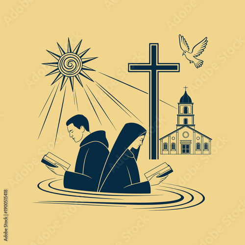 Christian Baptism Couple Reading Bible with Cross, Church, Dove and Holy Light Vector Illustration