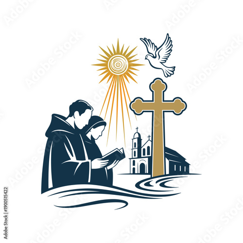 Christian Couple Reading Bible with Cross, Church, Dove and Holy Light Vector Illustration