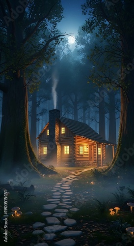 Wooden cabin glows warmly amidst dense, moonlit forest at night