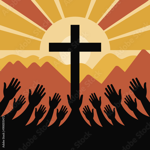 Christian Worship Illustration with Cross, Raised Hands, and Sunrise Background