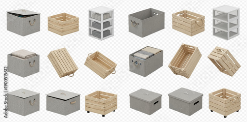 Collection of various storage boxes and crates for home organization and decluttering.