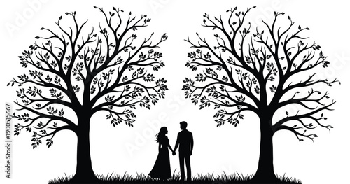 Black silhouette of a romantic couple holding hands standing between two large leafy trees on a grassy field for love