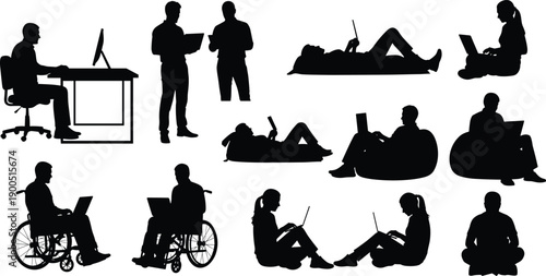 Black silhouette collection of diverse people using laptops and tablets in different poses including sitting standing and using a wheelchair