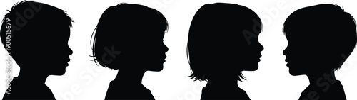 Children profile silhouette icon set, diverse head shapes with hairstyles and facial features, black vector illustration, identity and education theme, isolated on white background