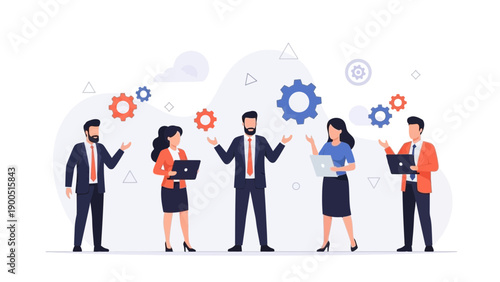 Teamwork and Integration: Diverse professionals collaborating with gears and laptops