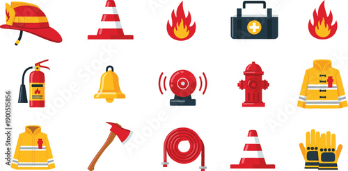 Fire safety and emergency equipment icons set, extinguisher, hydrant, alarm siren, helmet, jacket, first aid tools