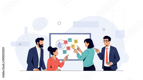 Diverse team collaborating on business strategy with whiteboard presentation